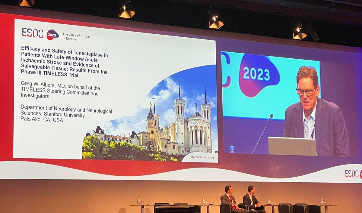 The #TIMELESS #trial investigated if #tenecteplase administered in ischemic #stroke patients with large vessel occlusion presenting 4.5-24h after last known well improved functional outcome on the mRS at 90 days, compared to placebo. The results are presented now at #ESOC2023 👇