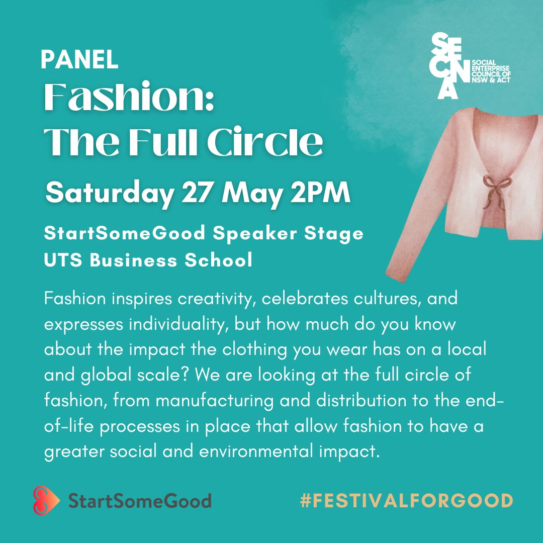 Join #changemakers, experts, and #impact businesses as we drive positive change and explore #sustainablefashion's impact. 

Don't miss the #Fashion Panel at 2pm! Register for your free ticket: events.humanitix.com/social-enterpr…. 

#FestivalForGood #Business4Good #SocialEnterprise #socentau
