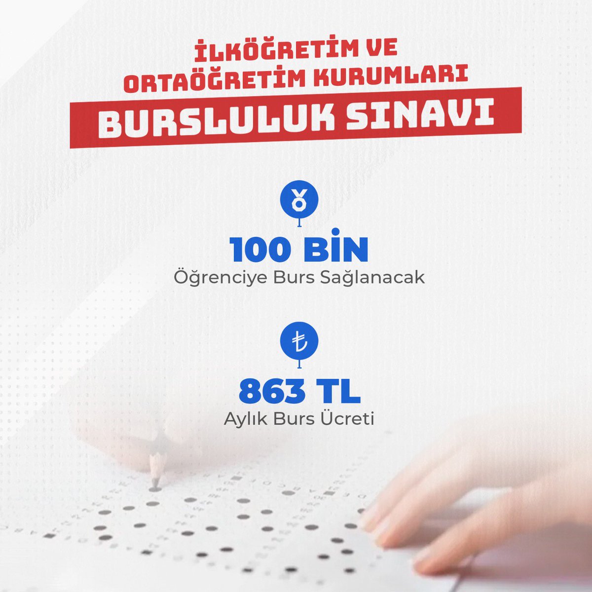 İlköğretim ve Ortaöğretim Kurumları Bursluluk Sınavı kapsamında geçen yıl 70 bin öğrencimize burs sağlamıştık. Bu yıl eylül ayında yapacağımız sınavda bu sayıyı 100 bine çıkarıyoruz. İlave 30 bin kontenjanımızı deprem bölgesindeki öğrencilerimize ayıracağız. 100 bin öğrencimize