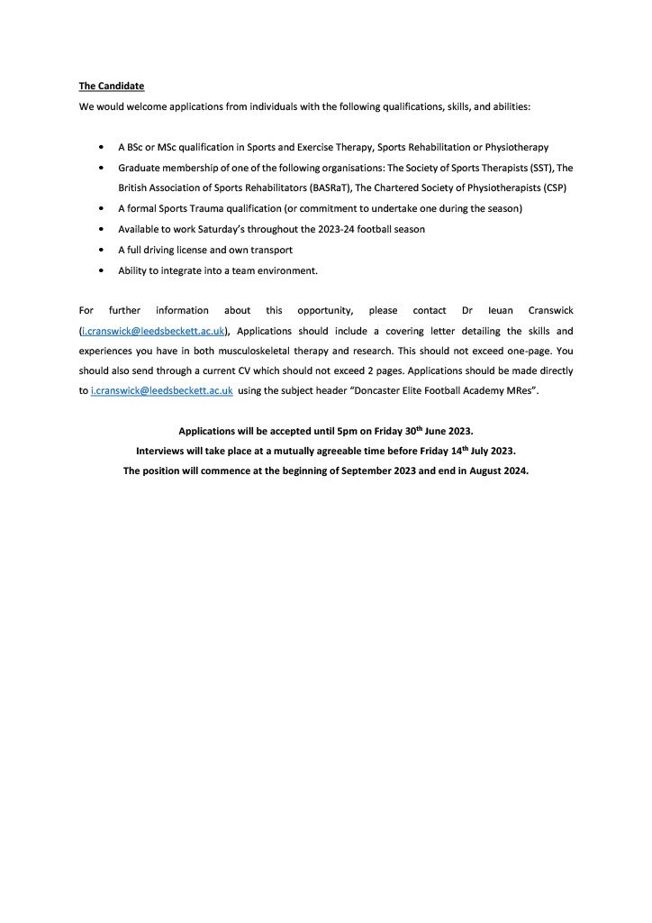 Excellent funded Masters in Research opportunity as Team Therapist with Doncaster Elite Football Academy on #injury, #load, &amp; #wellness. Combined #therapy &amp; #research role supported by <a href="/ICSportsTherapy/">Dr Ieuan Cranswick</a>, <a href="/tom_mitch3/">Dr Tom Mitchell</a> &amp; <a href="/Ashjones1987/">Ashley Jones, PhD</a>. <a href="/LBUHealth/">The School of Health, Leeds Beckett University</a> <a href="/LBU_RaE/">Research and Enterprise at Leeds Beckett</a> #sportstherapy #football