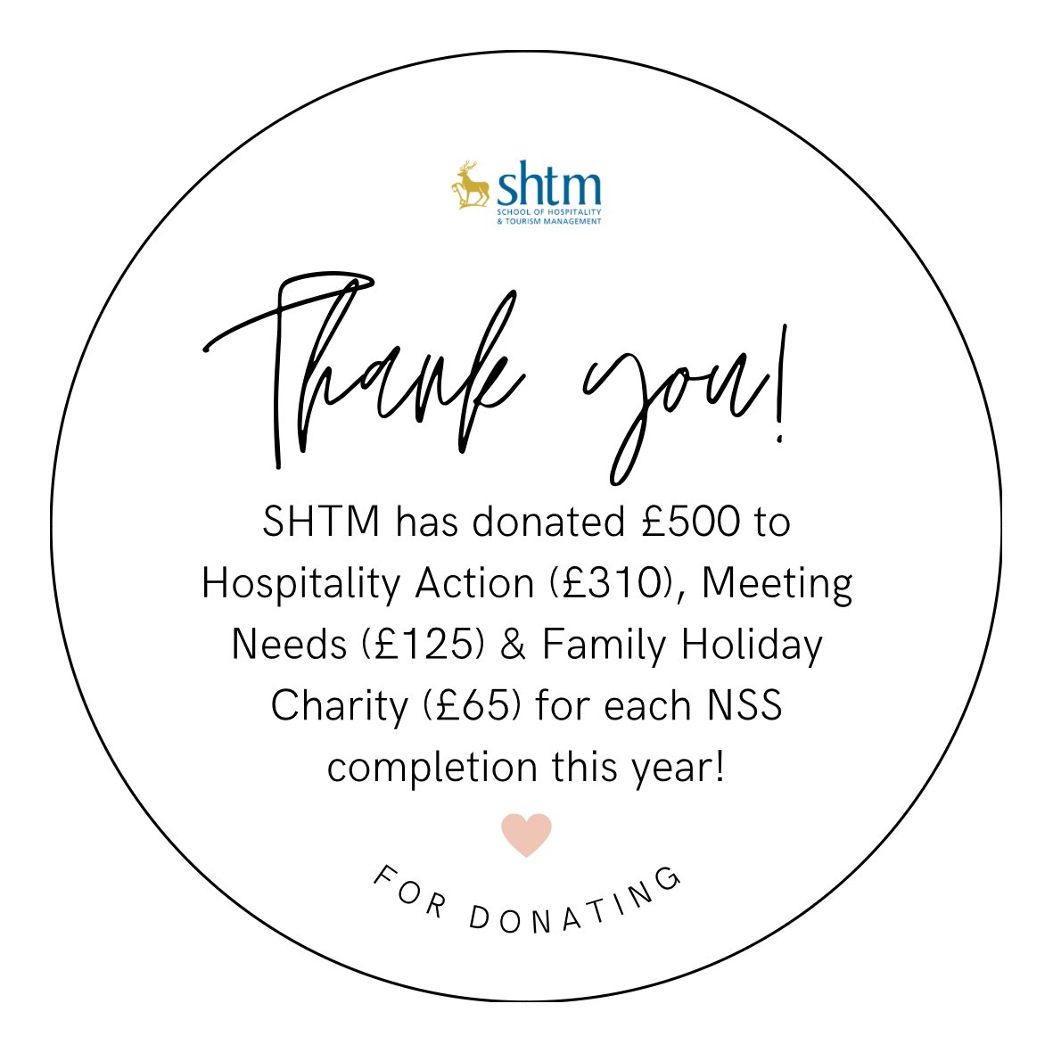 This year, #SHTMatSurrey donated to @HospAction @UKMeetingNeeds @famholcharity for every NSS completion! Thank you to all our students for completing the NSS🙏 

#TOURISMatSurrey #EVENTSatSurrey #HOSPITALITYatSurrey #TRANSPORTatSurrey #WonderfulSHTM