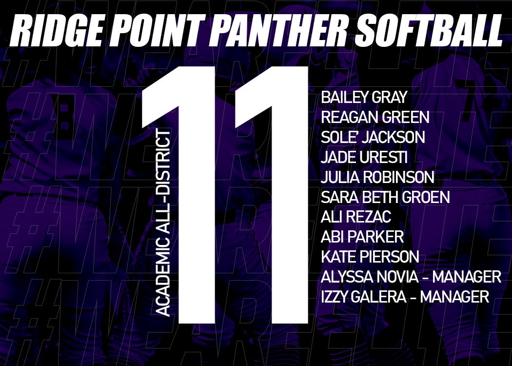 Ridge Point Softball (@rpsoftball) on Twitter photo Congrats to these AWESOME Student-Athletes on Academic All-District!
<a href="/Bailey_Gray_23/">Bailey Gray</a> <a href="/reagangsoftball/">Reagan Green</a> <a href="/jade_uresti/">Jade Uresti</a> <a href="/Julia24Robinson/">Julia Robinson</a> <a href="/sarabeth__17/">Sara Beth Groen</a> <a href="/alirezac77/">alirezac77</a> <a href="/KatePierson2026/">Kate Pierson</a> <a href="/AbiParker2026/">Abi Parker-2026</a> <a href="/AlyssaNovia/">Alyssa Novia</a> Congrats to these AWESOME Student-Athletes on Academic All-District!
<a href="/Bailey_Gray_23/">Bailey Gray</a> <a href="/reagangsoftball/">Reagan Green</a> <a href="/jade_uresti/">Jade Uresti</a> <a href="/Julia24Robinson/">Julia Robinson</a> <a href="/sarabeth__17/">Sara Beth Groen</a> <a href="/alirezac77/">alirezac77</a> <a href="/KatePierson2026/">Kate Pierson</a> <a href="/AbiParker2026/">Abi Parker-2026</a> <a href="/AlyssaNovia/">Alyssa Novia</a>