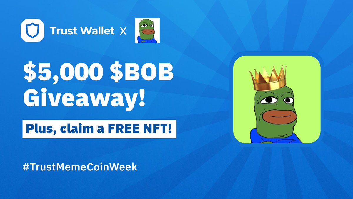 Today’s #TrustMemeCoinWeek partner is #BobCoin!

There's $5,000 in $BOB up for grabs! Plus, everyone who enters can claim a FREE #TrustWallet #GalxeOAT!  

Rules:
💙Like & RT
💙Follow @Trustwallet, @BobEthToken & @ExplainThisBob
💙Complete steps below👇
galxe.com/trustwallet/ca…
