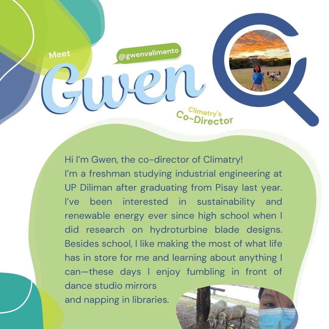 ClimatryPH's tweet photo. Meet the rest of the Climatry team! Gwen is our co-director who mainly works with the mentee side of things 🤓

On that note, applications to be a Climatry mentee are still ongoing! Make sure to apply before June 1, 10 PM 🌱

🔗 https://t.co/82w75fit17 https://t.co/GLOXbMB7Te