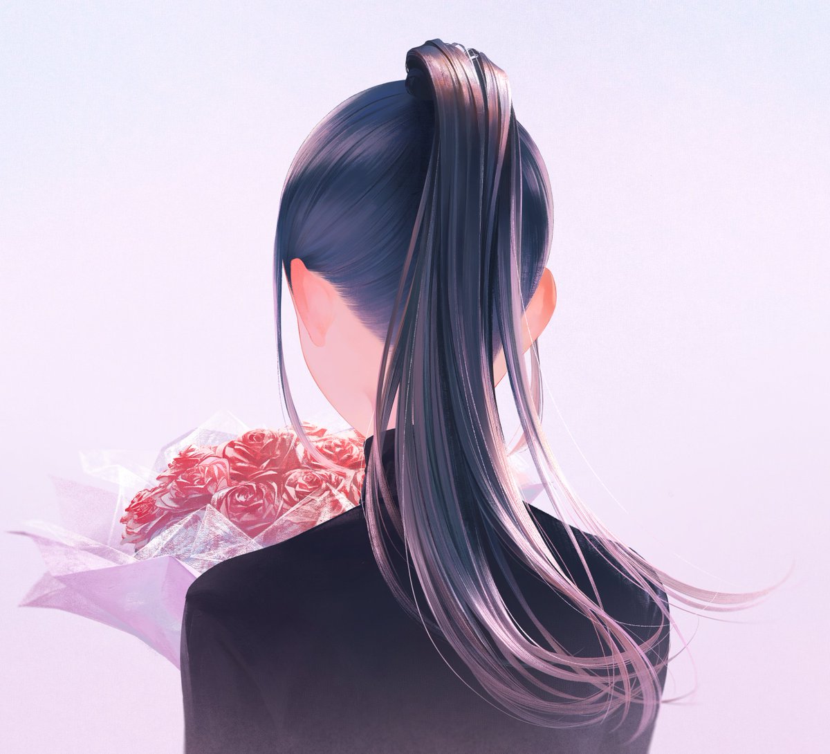 flower solo bouquet from behind ponytail long hair simple background  illustration images