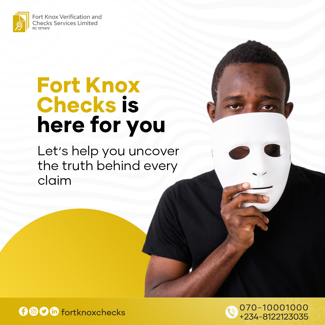 Let’s help you uncover the truth behind every claim

Secure your business by running background checks on prospective and existing employees. Contact us today on 07010001000 or 08122123035. 

#fortknoxchecks #backgroundchecks #security #Safety #Lagos #Abuja #Nigeria #duediligence