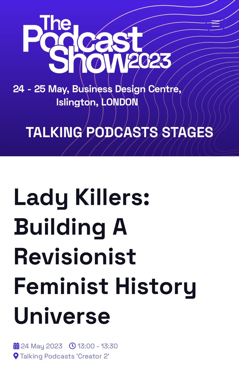For any #ladykillers fans at @PodcastShowLDN in London we will be doing a panel with executive producer @Kirsty_Hunter historian @rosalindcrone and BBC commissioner @Rhiroberts at 1pm today. thepodcastshowlondon.com/talking-podcas… 🎤