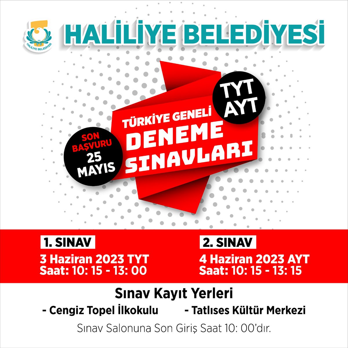 HALİLİYE BELEDİYESİ, TÜRKİYE GENELİ DENEME SINAVI DÜZENLİYOR

Haliliye Belediyesi tarafından üniversite sınavına hazırlanan gençlere yönelik Türkiye Geneli AYT ve TYT Deneme Sınavı yapılacak. Gençlerin kendilerini değerlendirecekleri sınav için başvurular ise yarın sona eriyor.