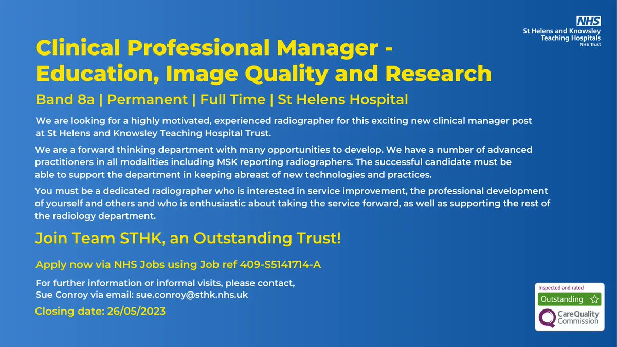 🚨 We are looking for a highly motivated, experienced radiographer for this exciting new clinical manager post at St Helens and Knowsley Teaching Hospital Trust.

✅ Apply now: buff.ly/3pMCuvY 

📅 Closing date: 26/05/2023

#WeAreTheNHS #NHSCareers #NHSJobs