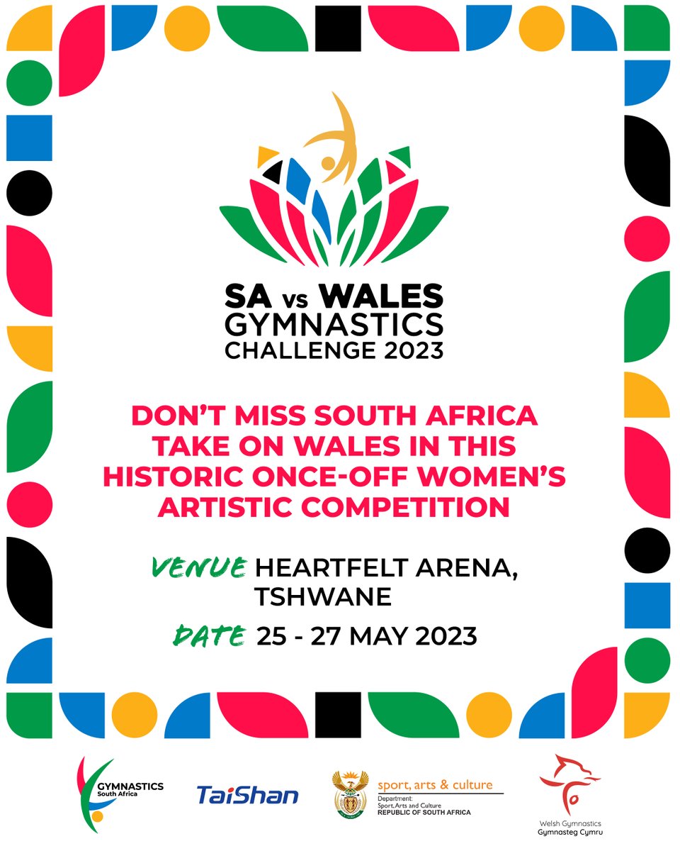 SAGymnastics's tweet photo. One more sleep until the historic SA vs Wales  🇿🇦🏴󠁧󠁢󠁷󠁬󠁳󠁿women's artistic gymnastics competition takes place at Heartfelt Arena in Tshwane from 25-27 May 2023! Entry is free and it starts at 8am! See you there.

Details and gymnasts taking part - https://t.co/q6PoC9iJqH https://t.co/Fh8OaEGeaq