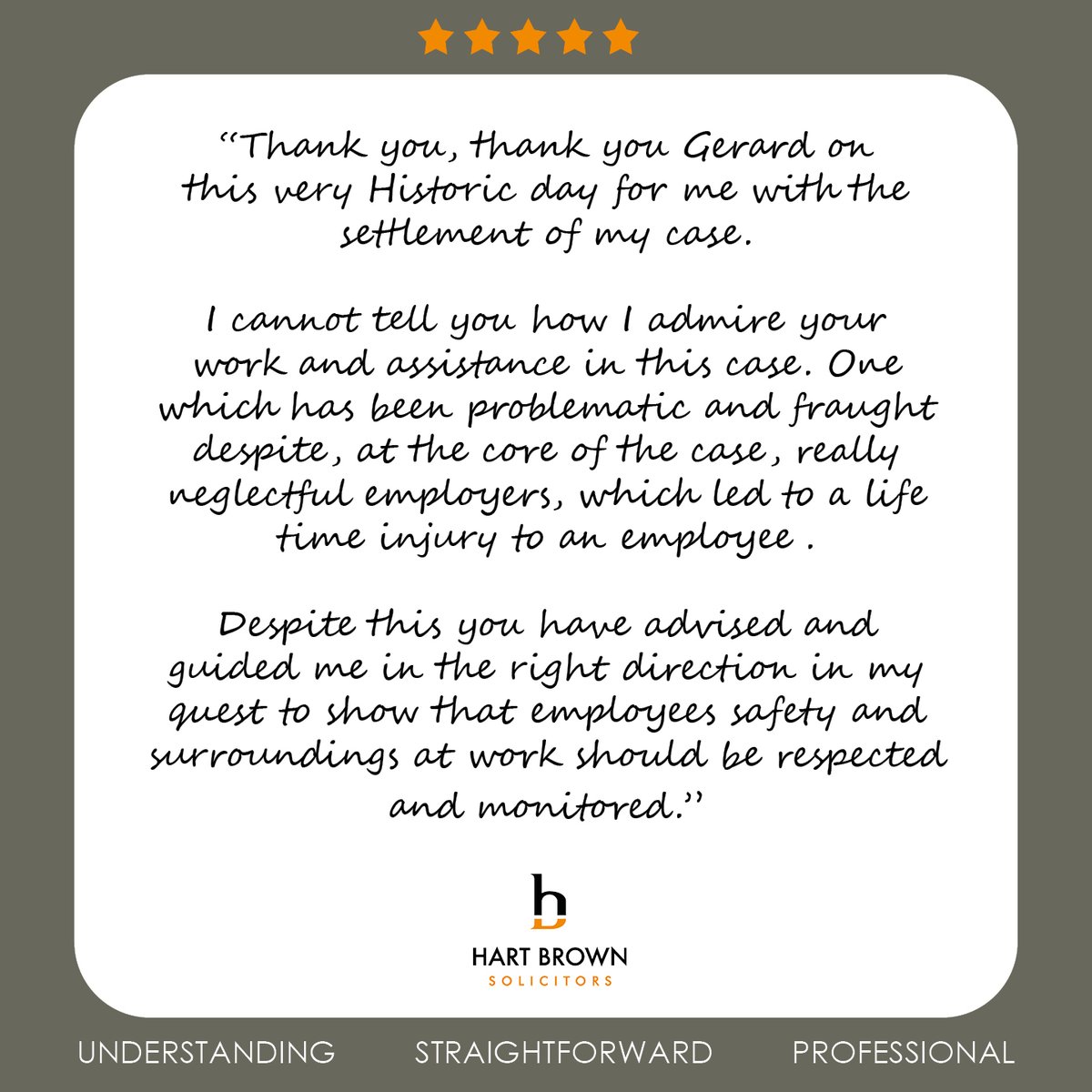 hartbrown's tweet photo. What incredibly heartfelt thanks from one of Gerard Sanders' Personal Injury clients. Well done Gerard! ⭐
#InjuryLawyers #InjuryAtWork #EmployersLiability #Surrey https://t.co/irr46ZdN5t