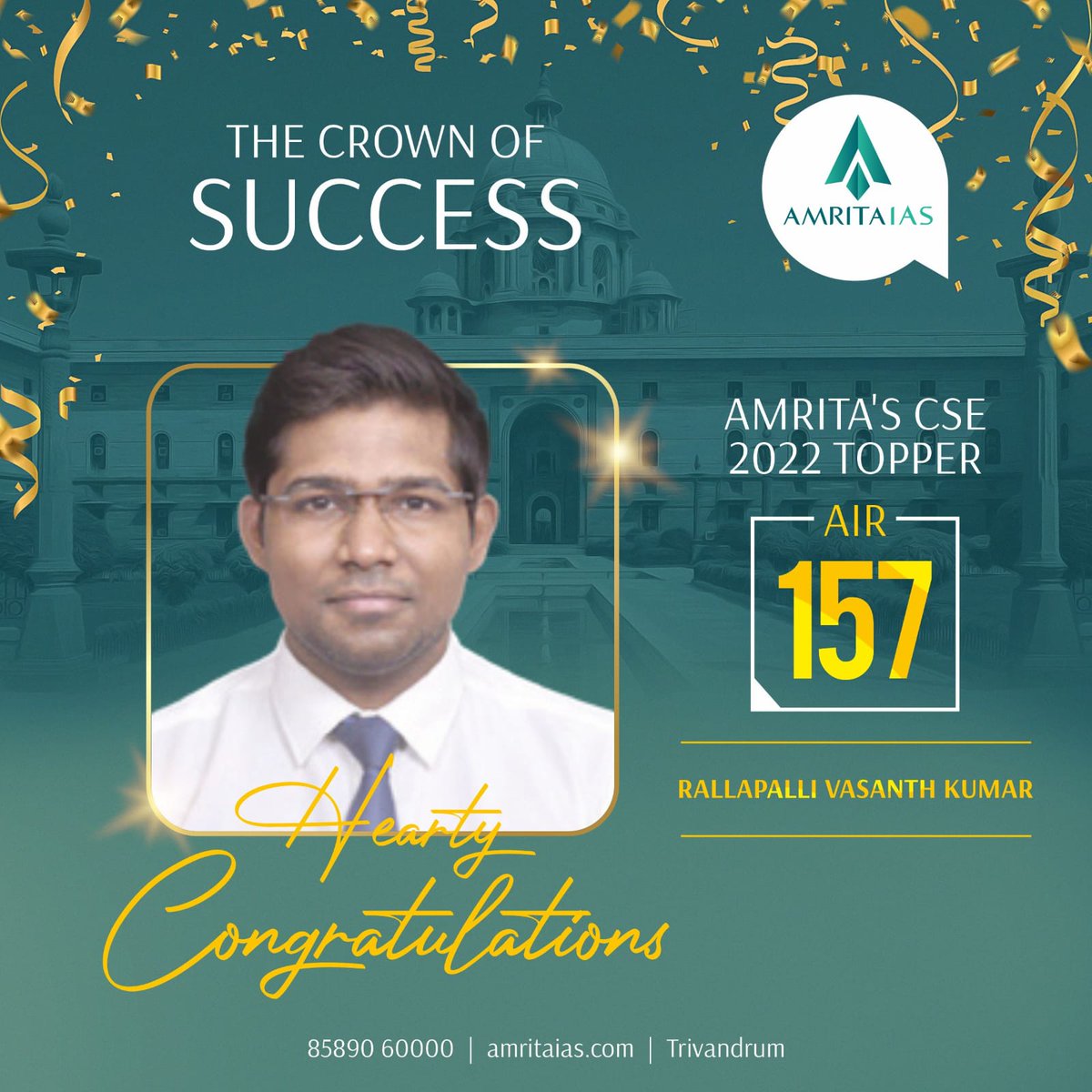 Congratulations to Rallapalli Vasanth Kumar on securing AIR - 157 in UPSC CSE 2022. 

#upscexam #ias #ips #ifs #amritaias #amritaiasacademy #UPSC #upscexam #iasofficer #iasacademy #iascoachingacademy #civilservicesexams #bestiasacademy #pcm #iastoppers #onlinebatch