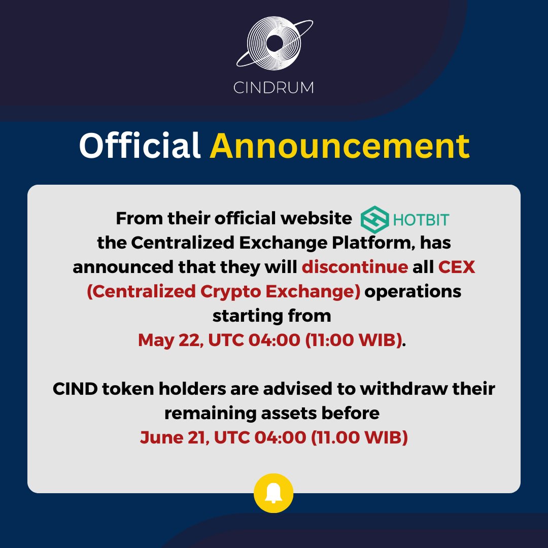 riotdarling_w3's tweet photo. Hotbit has announced that they will discontinue all CEX (Centralized Crypto Exchange) operations starting from May 22, UTC 04:00 (11:00 WIB).

CIND token holders are advised to withdraw their remaining assets before June 21, UTC 04:00 (11.00 WIB).

#CINDRUM #Hotbit $CIND #Crypto https://t.co/YLcqpSwUV0