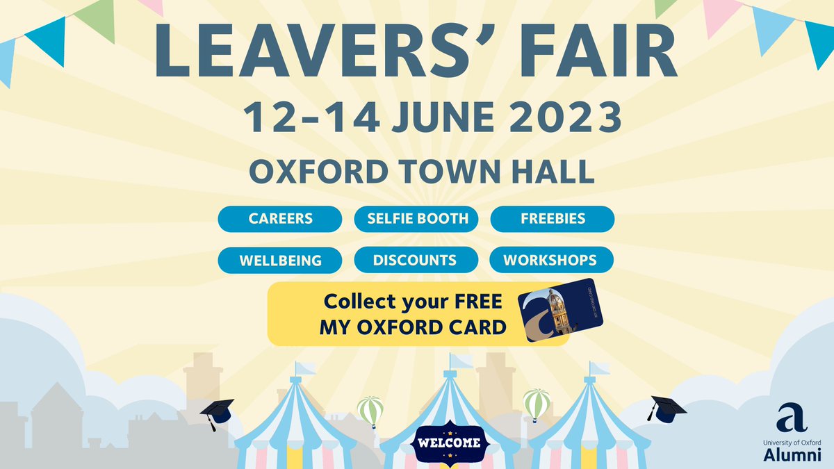📢 @UniofOxford alums! 🎓 Save the date for Leavers' Fair, 12-14 June, at Oxford Town Hall. Explore benefits, career resources, workshops, activities, & freebies! Order your My Oxford Card in advance & collect it at the fair. 

More info: alumni.ox.ac.uk/event/leavers-… #oxleaversfair