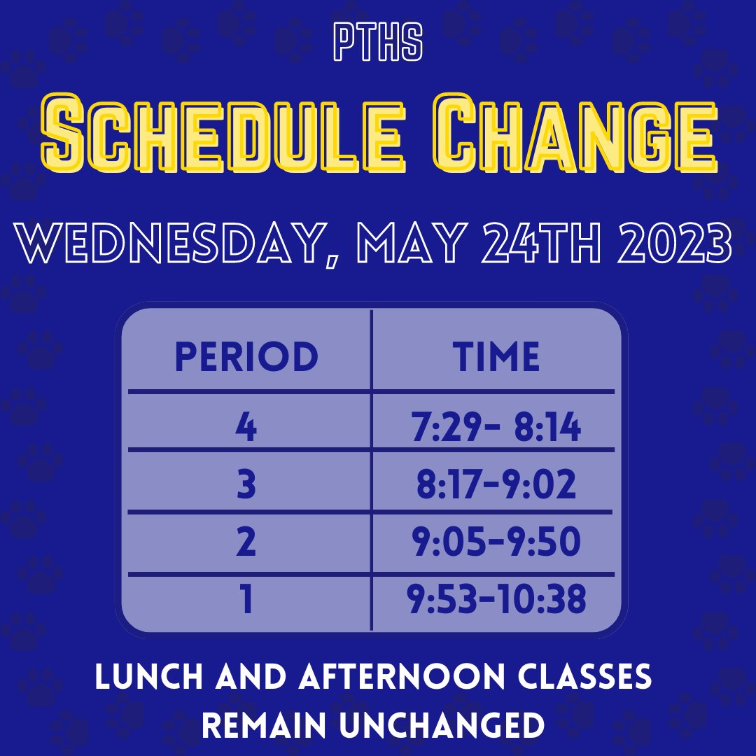 Attention all PTHS staff & students! The schedule for Wednesday, May 24th, has changed due to NJSLA 11th grade testing. PTHS will still follow a normal bell schedule, however, the order of morning classes is reversed. #nocknation