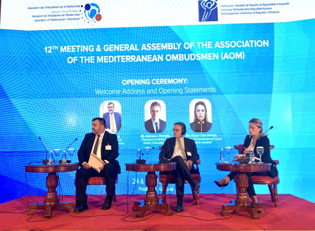 Kosovo Ombudsperson Naim Qelaj, Greek Ombudsman Andreas Pottakis <a href="/Synigoros/">Συνήγορος του Πολίτη</a> and  President of the Constitutional Court Gresa Caka Nimani, at the 12th Meeting and General Assembly of the AOM which started today in Pristina.