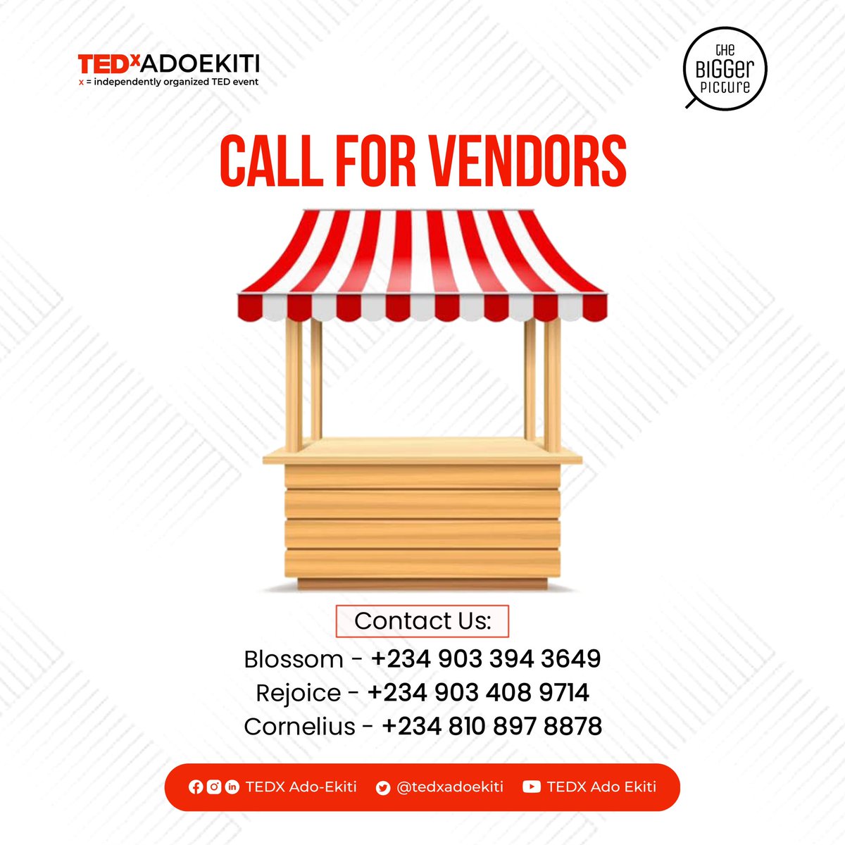 Vendor rendezvous!🥳

Join us at TEDxAdoEkiti event for networking, collaboration, and growth.

Reserve your spot as a vendor and seize opportunities at our event.

wa.me.09033943649
To secure a spot, send a DM to this number

#TEDxAdoEkiti
#TheBiggerPicture2023