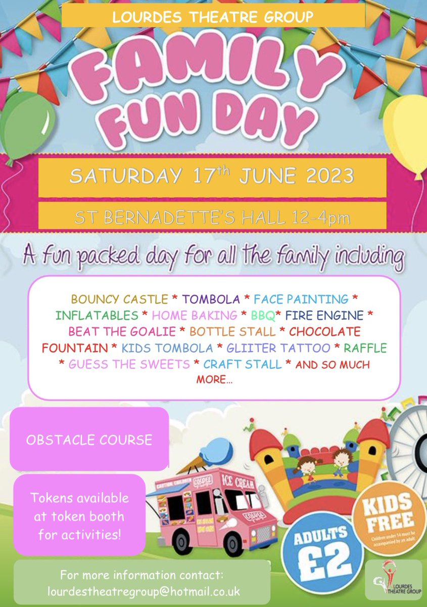 LourdesTheatreGroup (@lourdesltg) on Twitter photo SATURDAY 17th JUNE 2023
12-4pm at St Bernadette's hall
All information on poster 🥳🎡🎟️
Activities for the whole family to enjoy!
<a href="/OLRprimary/">OLR Primary & Nursery</a> <a href="/HillingtonPS/">HillingtonPrimary</a> <a href="/CardonaldPri/">Cardonald Primary</a> <a href="/Lourdesprimary/">Our Lady of Lourdes Primary</a> <a href="/LourdesSec/">Lourdes RC Secondary</a> <a href="/RosshallAcademy/">Rosshall Academy</a> <a href="/StGeorgesG52/">St George's Primary</a> SATURDAY 17th JUNE 2023
12-4pm at St Bernadette's hall
All information on poster 🥳🎡🎟️
Activities for the whole family to enjoy!
<a href="/OLRprimary/">OLR Primary & Nursery</a> <a href="/HillingtonPS/">HillingtonPrimary</a> <a href="/CardonaldPri/">Cardonald Primary</a> <a href="/Lourdesprimary/">Our Lady of Lourdes Primary</a> <a href="/LourdesSec/">Lourdes RC Secondary</a> <a href="/RosshallAcademy/">Rosshall Academy</a> <a href="/StGeorgesG52/">St George's Primary</a>