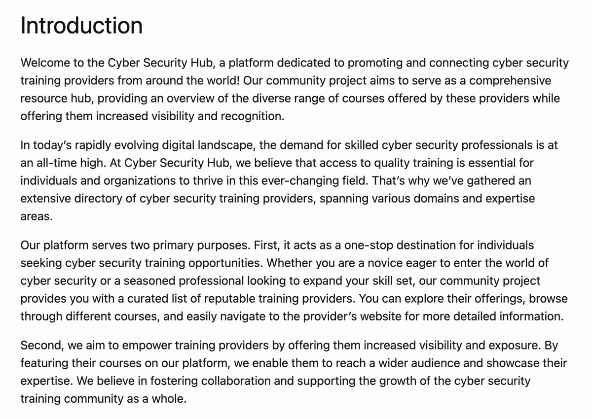 cyb3rops's tweet photo. Teaser: Since I'm on vacation I started working on private project named "Cyber Security Hub", a Github project that lists and promotes cyber security training providers from around the world

PS: github pages is still a mystery to me and I could need some help https://t.co/e8DrmQpK3S