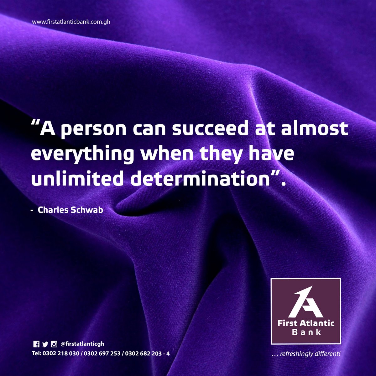 FirstAtlanticGH's tweet photo. With unlimited enthusiasm and determination, even in the midst of failure, you can achieve whatever you set your mind to. ๐ ๐ช๐พ ๐๐พ
#firstatlanticbank #refreshinglydifferent #purplexperience #motivation https://t.co/vk8xjyqVQq