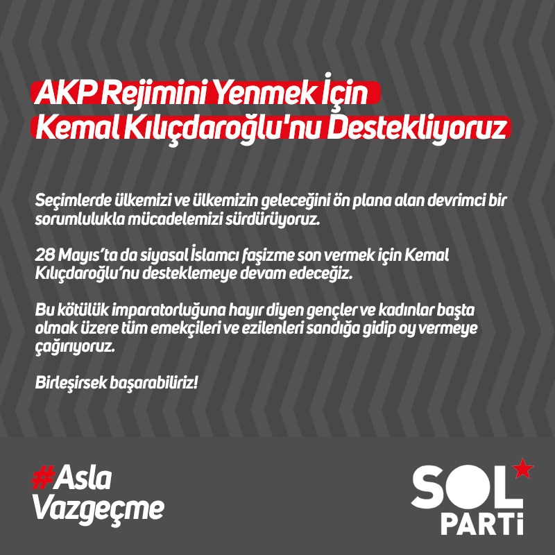 solpartibilgi's tweet photo. 28 Mayıs #Çağrımız

Ülkenin geleceğini ön plana alan devrimci bir sorumluluk anlayışıyla AKP rejimini yenmek için Kılıçdaroğlu'nu destekliyor; en 2 milyon oyu sandıkta korumayı taahhüt ediyoruz.

Yarınımızı ırkçı sağ anlayışlara teslim etmeyecek bir mücadeleye söz veriyoruz. https://t.co/0Qd8RJVswY
