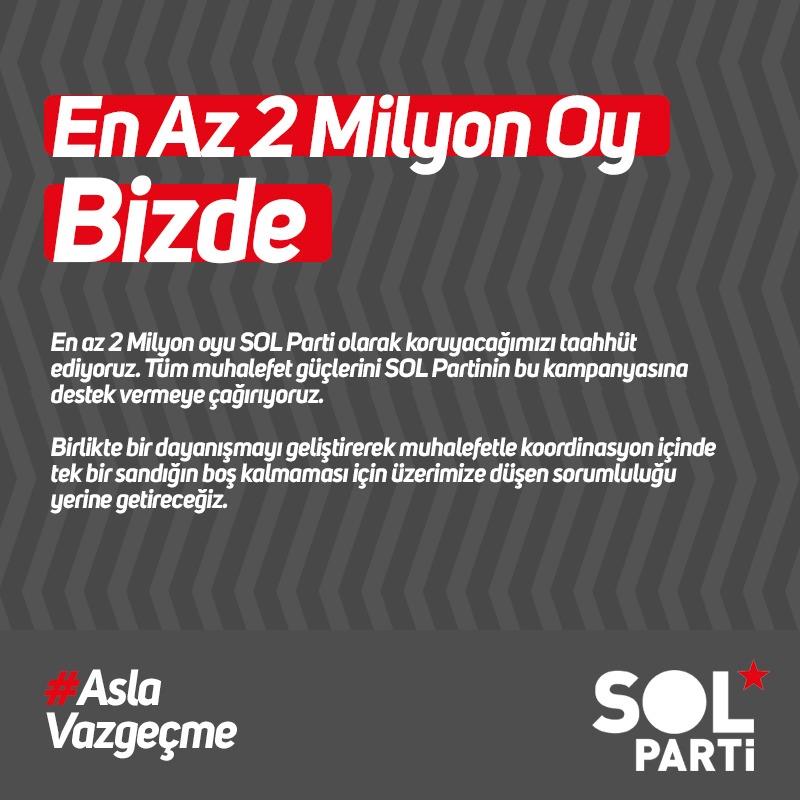 solpartibilgi's tweet photo. 28 Mayıs #Çağrımız

Ülkenin geleceğini ön plana alan devrimci bir sorumluluk anlayışıyla AKP rejimini yenmek için Kılıçdaroğlu'nu destekliyor; en 2 milyon oyu sandıkta korumayı taahhüt ediyoruz.

Yarınımızı ırkçı sağ anlayışlara teslim etmeyecek bir mücadeleye söz veriyoruz. https://t.co/0Qd8RJVswY