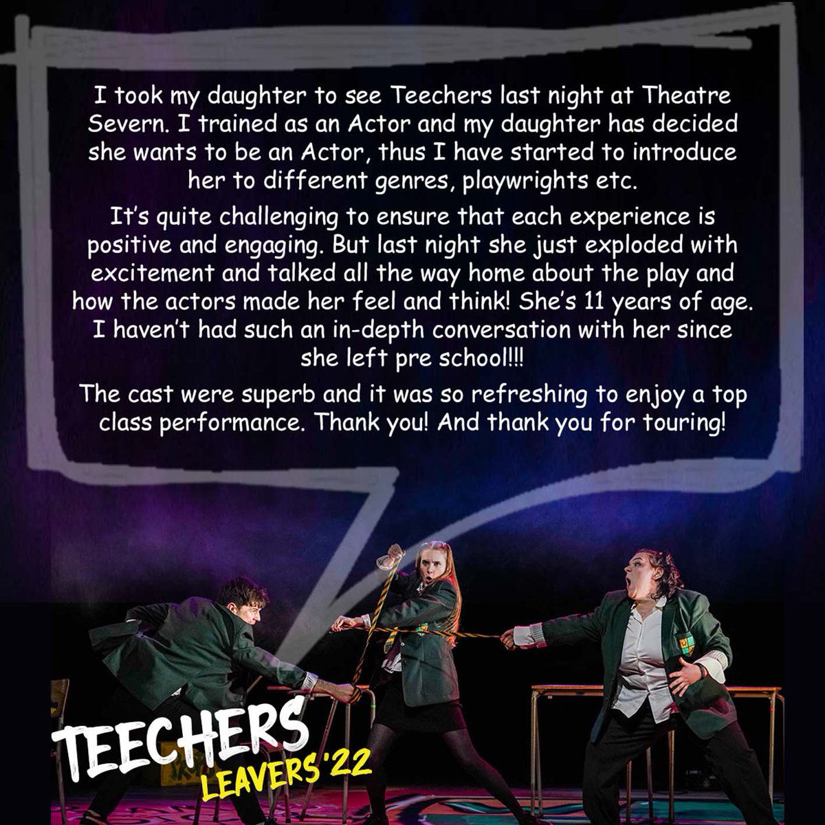 Blackeyedtheatr's tweet photo. It's the end of term for TEECHERS LEAVERS '22! And how lovely to find this in the inbox as a reminder of why we do what we do. Just 3 more chances to catch it - today at @theatresevern and tomorrow at @albanytheatre. #Teechers #johngodber
https://t.co/9yhrSSqfkO https://t.co/9txve2CvEZ