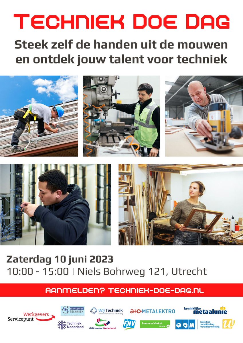 Op 10 juni is er weer een Techniek Doe Dag op de UW-locatie Niels Bohrweg 121, Utrecht. Ca 35 regionale werkgevers doen er hun best om bezoekers enthousiast te maken voor werken in de techniek. Er is van alles te doen en te beleven! Meer info en aanmelden: techniek-doe-dag.nl
