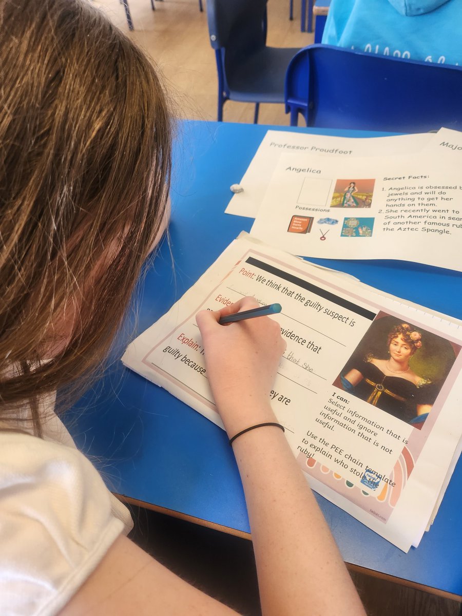 MrsMcGuireAnto's tweet image. Whilst the p6s are away, we are using the PEE strategy (from DHS English dept) in reading today to select information from a text to prove and explain 'Who stole the Russian Ruby?' #dhstransition @EnglishDennyHS