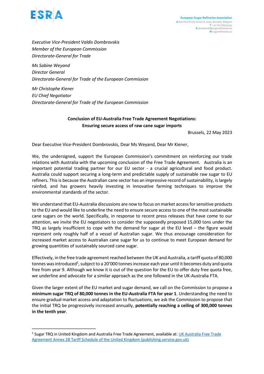 EUCaneRefiners's tweet photo. #ESRA supports the European Commission's commitment to reinforce our trade relations with Australia through the conclusion of a #FreeTradeAgreement 🇦🇺🇪🇺. We call on the #EuropeanCommission to ensure secure access to one of the most sustainable #canesugars in the world. https://t.co/CG5Hm7bznh