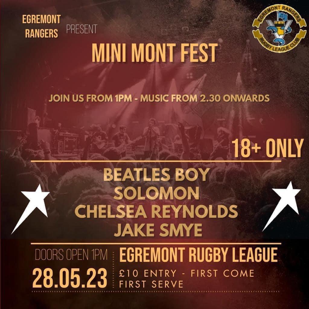 Egremont Rangers Proudly Present 

‘Mini Mont Fest’ 2023

Your Perfect Bank Holiday Sunday All Under 1 Roof.

🎟️ are £10 on the door &amp; are first come first served, so arrive early to guarantee your place. 

Please note this event is over 18’s Only

WE CAN’T WAIT TO BOOGIE 🕺💃