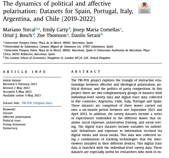 Open science is the only way forward! Lead by @MarianoTorcal, we have published what might potentially be the very first 𝗼𝗽𝗲𝗻 𝗮𝗰𝗰𝗲𝘀𝘀 longitudinal and cross-national dataset combining surveys and web tracking data. An invaluable resource 🧵 sciencedirect.com/science/articl…