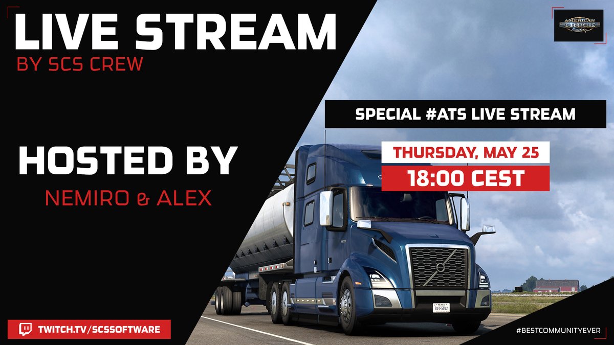 Join us tomorrow from 6PM CEST for a very special live stream 🚛

We will welcome a couple of honorable guests from @VolvoTrucksNA, so make sure to tune in 🙌

Follow us at: Twitch.TV/SCSsoftware 🔴