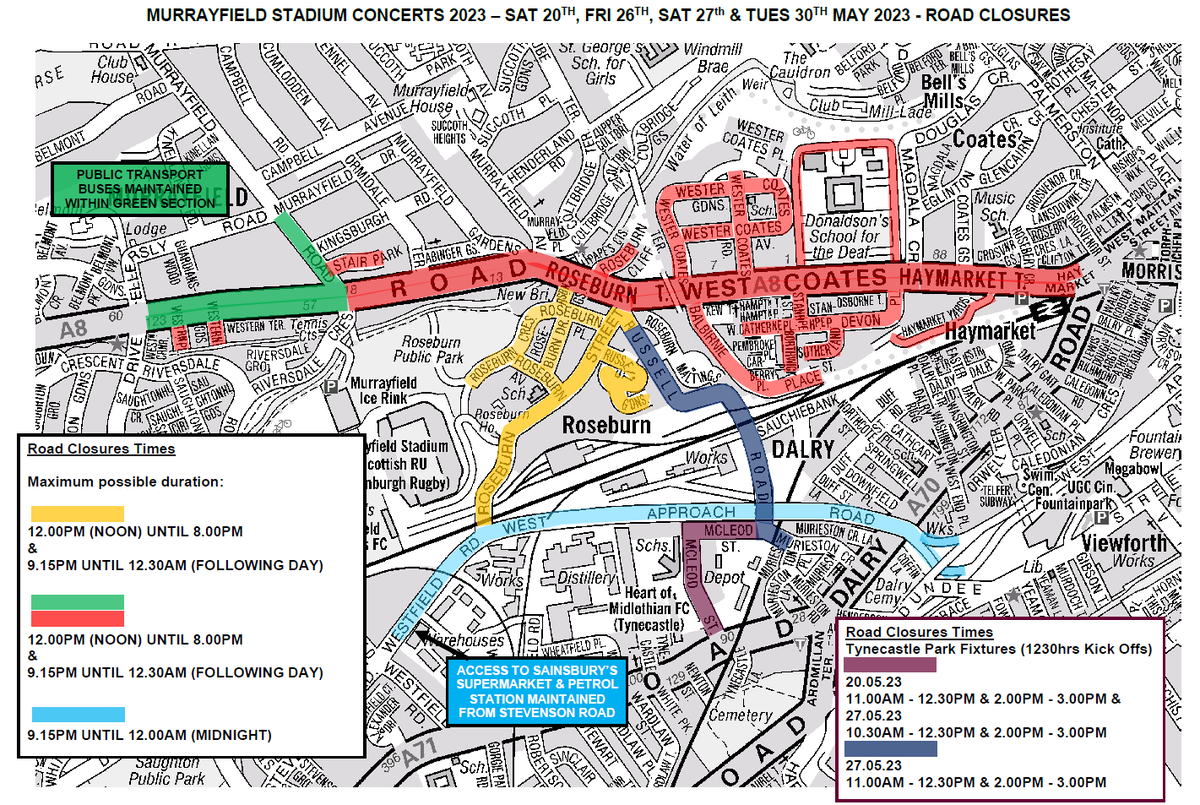 edintravel's tweet photo. Harry Styles in concert at BT Murrayfield, Fri 26 &amp; Sat 27 May.

Road closures before and after the event affecting the A8 corridor, Roseburn area &amp; West Approach Road.

All timings are subject to change, please check here on the day.

https://t.co/wNYTNMEyyH

#edintravel https://t.co/ZDnnDe4Rmp