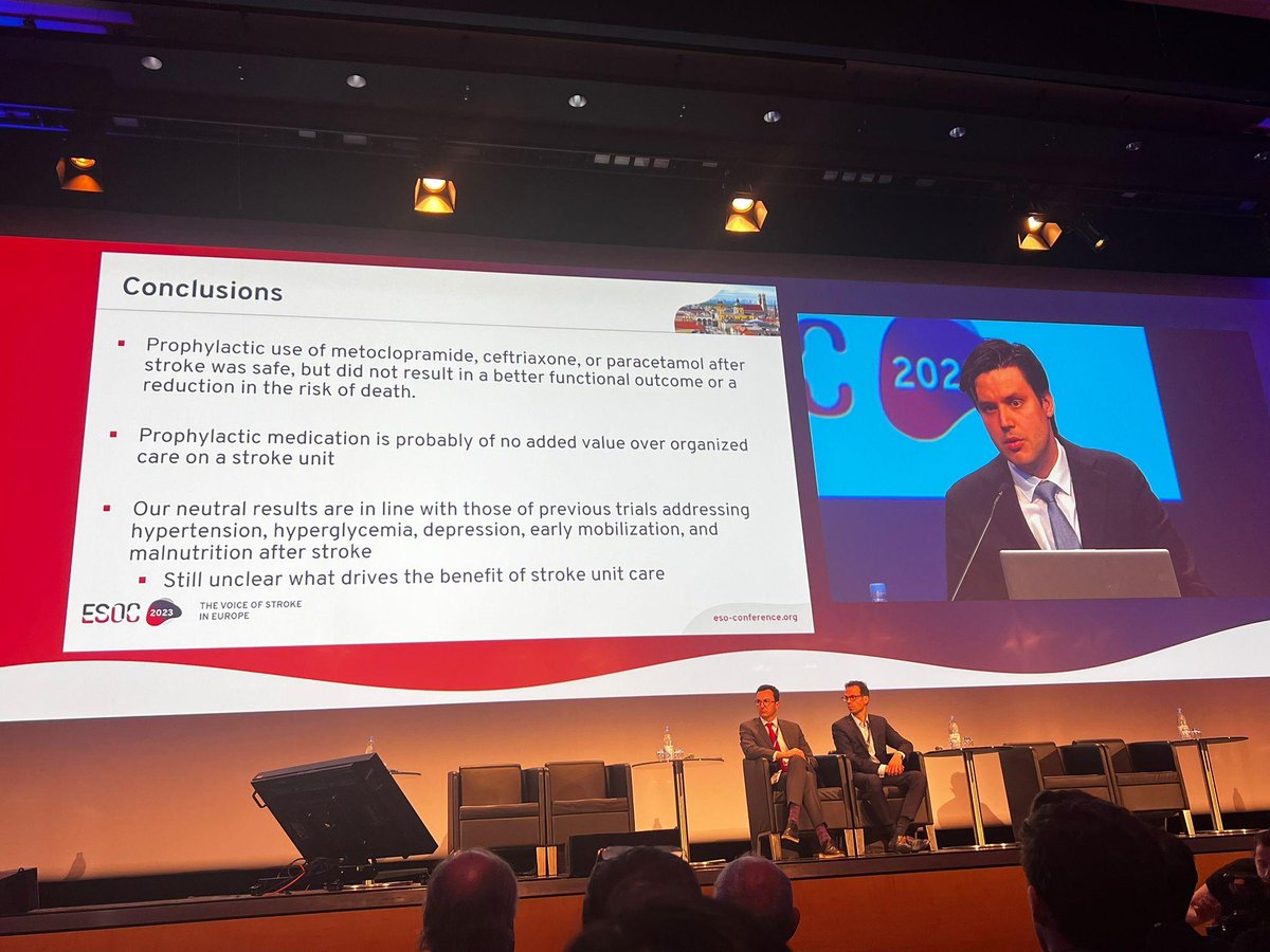 The #PRECIOUS #trial, presented now at #ESOC2023, tested if prevention of aspiration, infections, or fever with metoclopramide, ceftriaxone and/or paracetamol could improve functional outcome @ 90days in elderly #stroke patients. Here are the first results👇👏