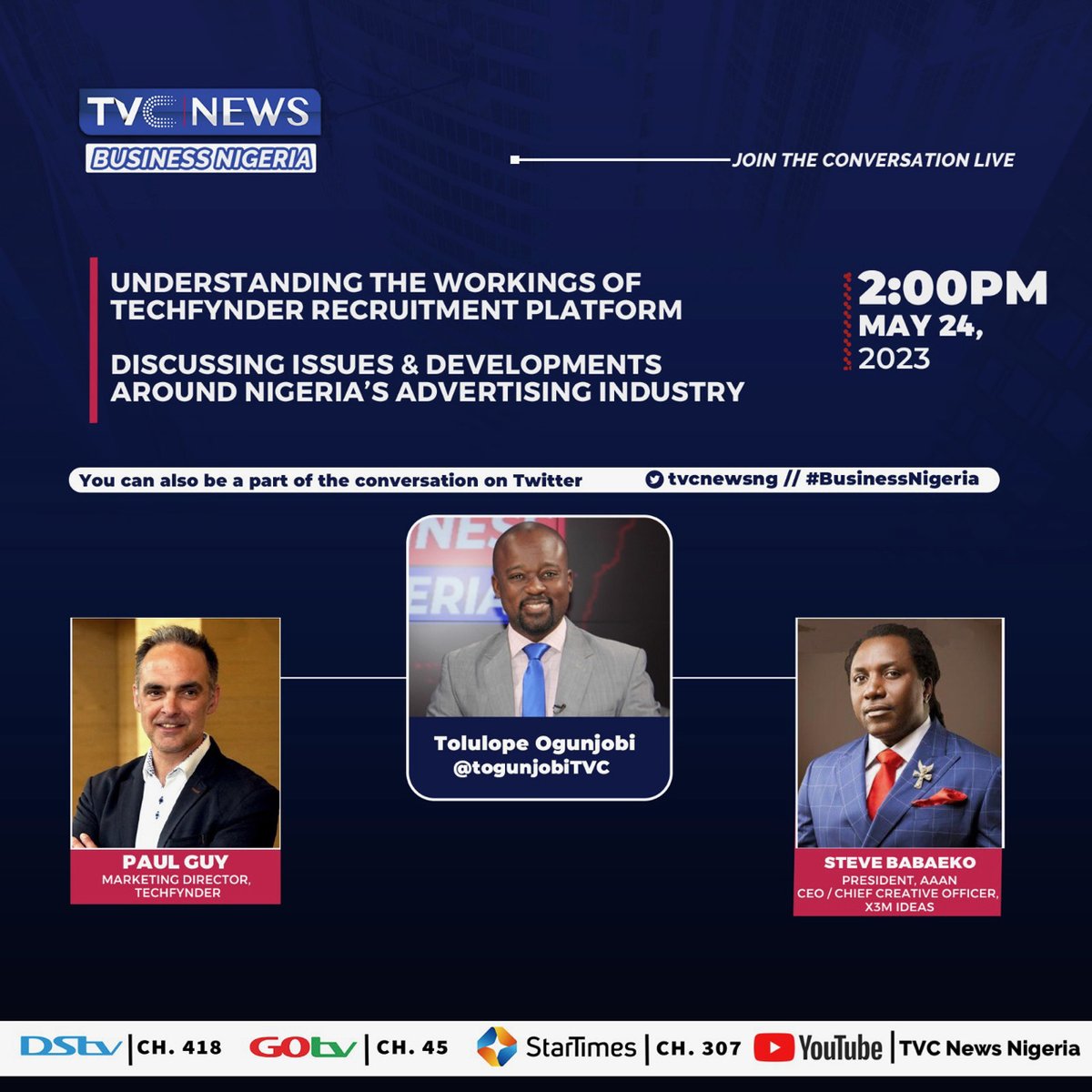 @TFynder marketing director @paulguy101 today will address Nigerian businesses and jobseekers. 

Let's hear him live with Tolulope Ogunjobi, Business Editor of @tvcnewsng & @Steve_eko, CEO/Chief Creative Officer @x3mideasng  

#NigeriaJobs #JobOpportunities #RecruitmentSolution