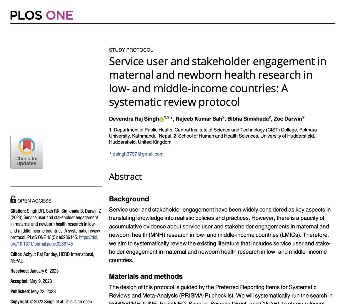 Devendra Raj Singh 🇳🇵 (@devendrarsingh) on Twitter photo I am delighted to share our recently published systematic review protocol in PLOS ONE from my PhD project. <a href="/RajeebSah/">Dr Rajeeb Sah</a> <a href="/SimkhadaBibha/">Bibha Simkhada</a> <a href="/zoe_darwin/">zoe darwin</a> <a href="/Hud_HHS/">School of Human and Health Sciences</a> <a href="/HuddersfieldUni/">University of Huddersfield</a> <a href="/HudResEnv/">Hud Graduate School</a> #LMICs #stakeholders #engagement <a href="/MaternalHealth_/">Maternal and Child Health</a> access link:journals.plos.org/plosone/articl… I am delighted to share our recently published systematic review protocol in PLOS ONE from my PhD project. <a href="/RajeebSah/">Dr Rajeeb Sah</a> <a href="/SimkhadaBibha/">Bibha Simkhada</a> <a href="/zoe_darwin/">zoe darwin</a> <a href="/Hud_HHS/">School of Human and Health Sciences</a> <a href="/HuddersfieldUni/">University of Huddersfield</a> <a href="/HudResEnv/">Hud Graduate School</a> #LMICs #stakeholders #engagement <a href="/MaternalHealth_/">Maternal and Child Health</a> access link:journals.plos.org/plosone/articl…