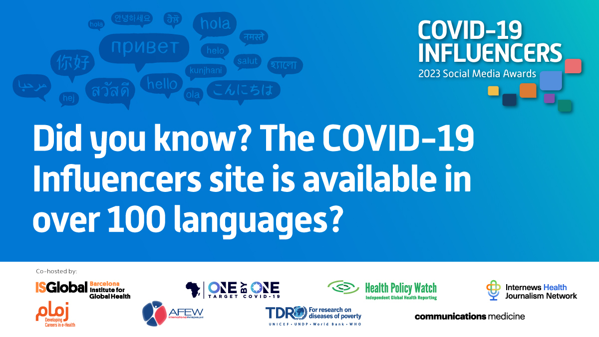 Did you know you can view the 2023 COVID-19 Social Media Awards website in various languages? The website is available in over 100 languages. 

socmedawards.com/2023/nominee/

#socmed4good