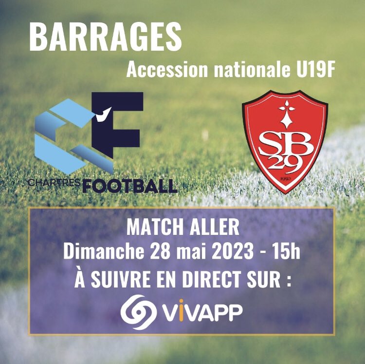 Venez suivre la rencontre des U19 Féminines entre le C’Chartres Football et le <a href="/SB29/">Stade Brestois 29</a> en direct sur Vivapp.live.
Un barrage important comptant pour l'accession en Nationale U19F !
Retrouvez le live de la rencontre sur le lien ci-dessous : bit.ly/3q4vdYC