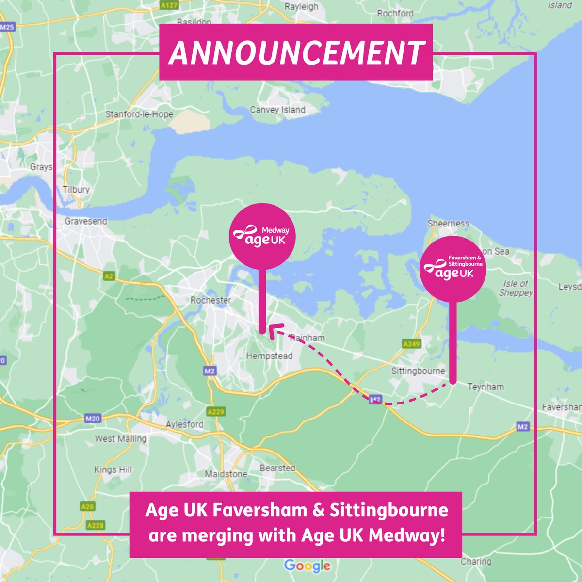 Age UK Medway are pleased to announce, following much consideration and discussion with local charity Age UK Faversham &amp; Sittingbourne, the positive decision of a planned merger between the two charities.

To read the full news announcement 📣:
bit.ly/ageukfs