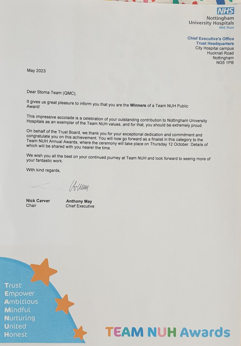 So honoured to be part of the QMC Stoma Team who has recently been presented with the NUH Public Award! #TeamNUH #PublicAwardWinner #TeamExcellence #Nursing&amp;Compassion