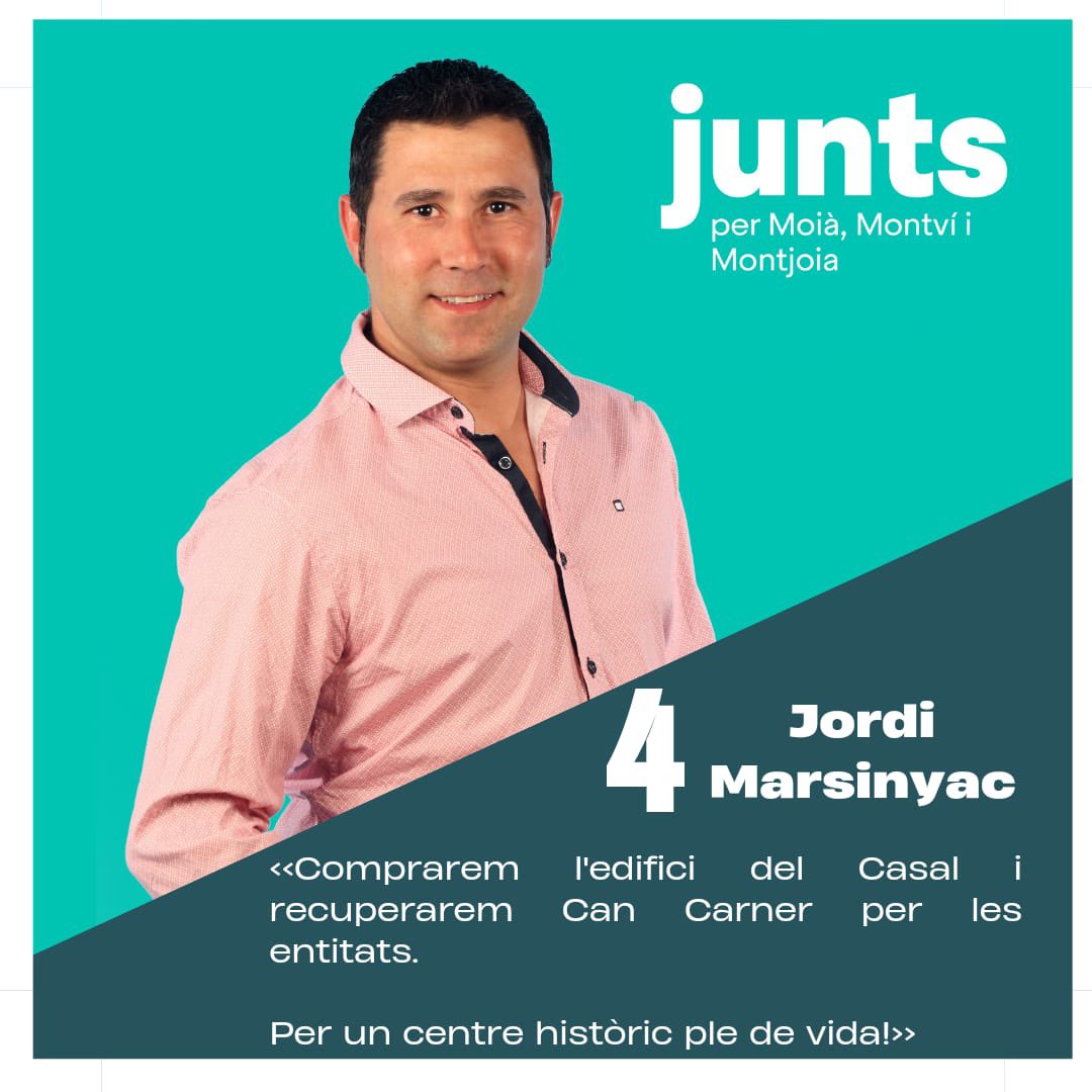 JuntsperMoia's tweet photo. 4. JORDI MARSINYAC HOMS

<<Comprarem l'edifici del Casal i recuperarem Can Carner per les entitats.

Per un centre històric ple de vida!>>

Junts anem per feina!

#JUNTSfaremMOIÀ #anemperfeina #JUNTSconstruimMOIA  #elCasal #CanCarner #centrehistòric #entitats #teixitassociatiu https://t.co/PxsXTqfTlD