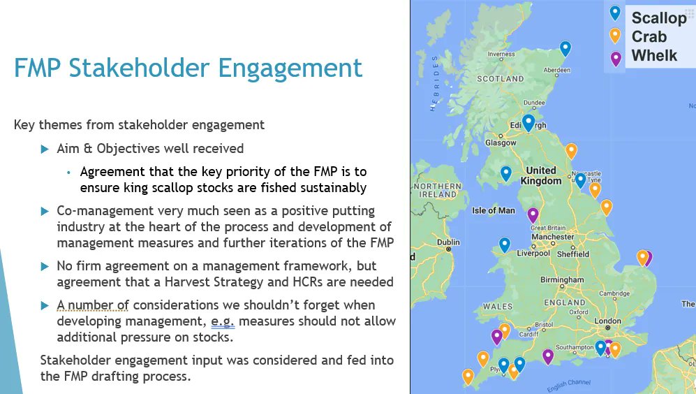 Claire Pescod of @MacduffShell is speaking next at our #FishingAndFMPs event. She’s sharing insights into the progress of the King Scallop #FMP & key themes emerging from stakeholder engagement. Sustainability was identified as a priority, & co-management was seen positively.