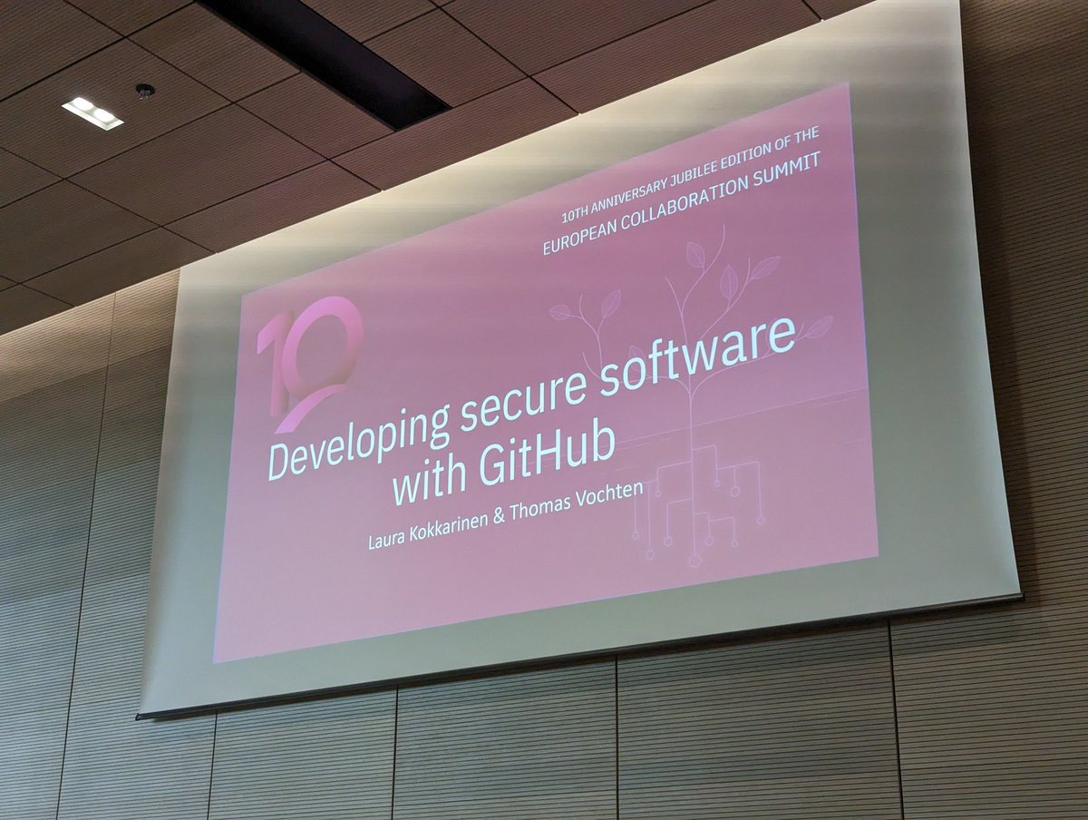 Developing secure software with GitHub - with @LauraKokkarinen & @ThomasVochten at @collabsummit 🙌 Looking forward to some awesome tips and tricks on how to get the most from the tools we use ⚙️🤓 #CollabSummit