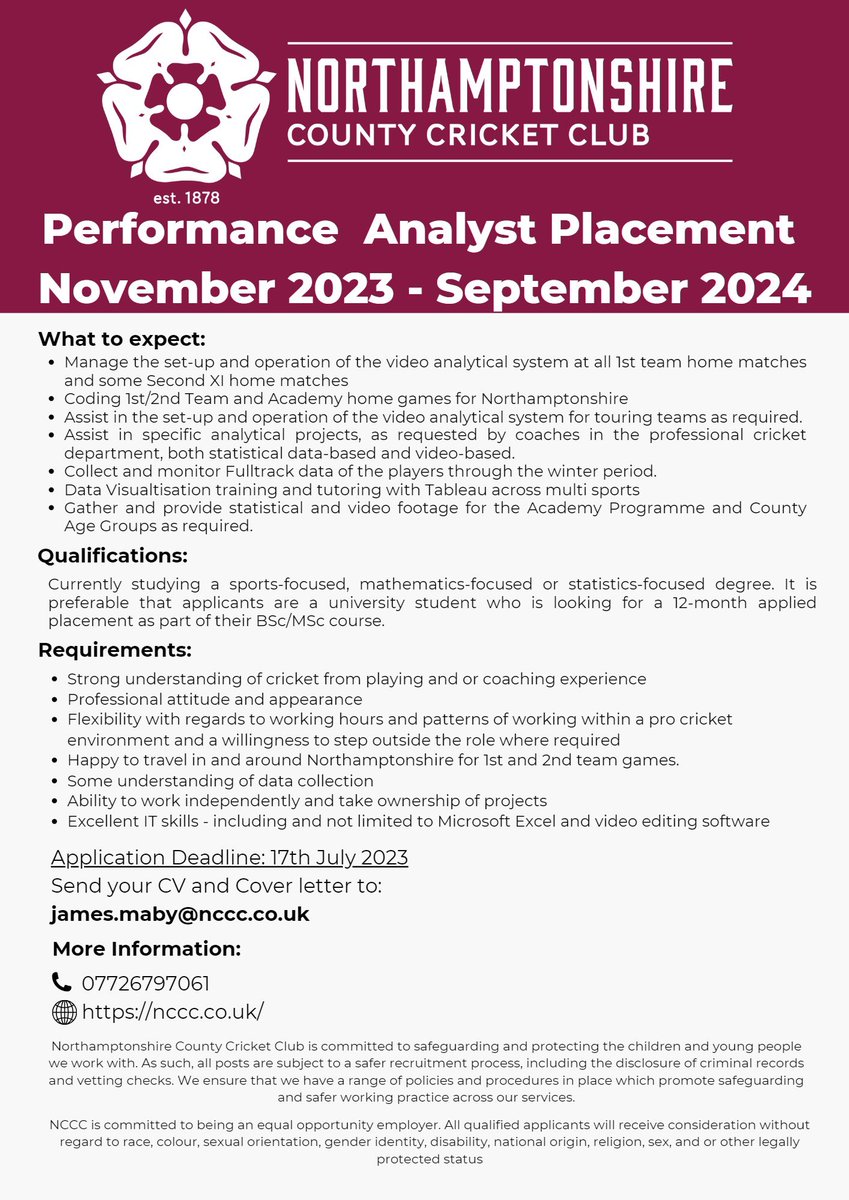 Happy to have a Placement Opportunity at <a href="/NorthantsCCC/">Northamptonshire CCC</a> for the winter and next season!