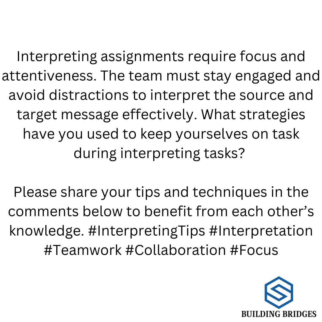 slwheeler81's tweet image. Interpreting assignments require focus and attentiveness. The team must stay engaged and avoid distractions to interpret the source and target message effectively. #InterpretingTips #Interpretation #Teamwork #Collaboration #Focus