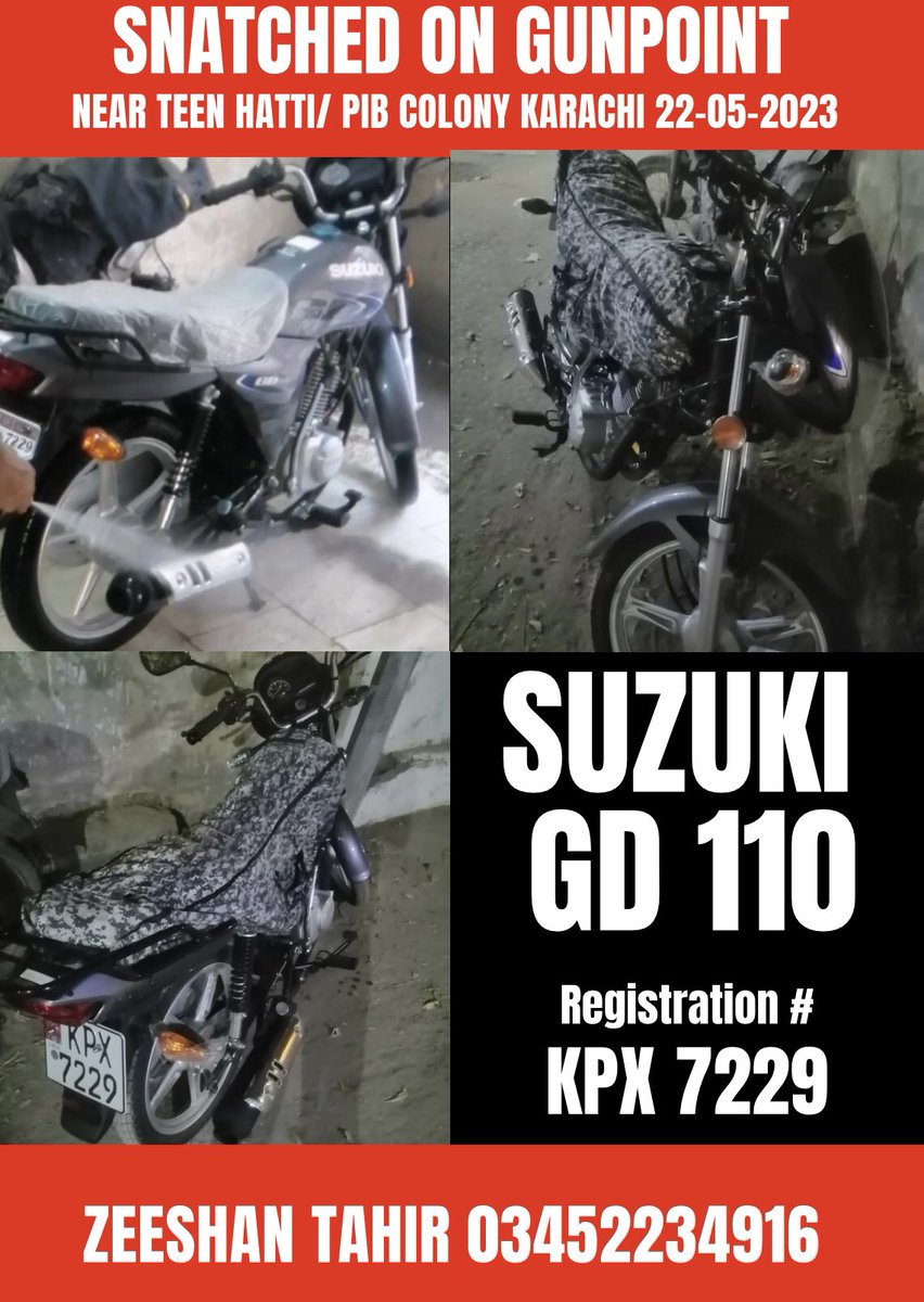 Furqan T. Siddiqui (@furqantsiddiqui) on Twitter photo My brother <a href="/zeeshantsiddiqu/">zeeshan.t.siddiqui1</a>’s new motorcycle snatched on Gunpoint near Teen Hatti / PIB Colony on 22 May 2023. Plz help in recovering it and RT for visibility. <a href="/murtazawahab1/">Murtaza Wahab Siddiqui</a> <a href="/DMCSindhPolice/">Sindh Police</a> <a href="/KarachiPolice_/">Karachi Police</a> My brother <a href="/zeeshantsiddiqu/">zeeshan.t.siddiqui1</a>’s new motorcycle snatched on Gunpoint near Teen Hatti / PIB Colony on 22 May 2023. Plz help in recovering it and RT for visibility. <a href="/murtazawahab1/">Murtaza Wahab Siddiqui</a> <a href="/DMCSindhPolice/">Sindh Police</a> <a href="/KarachiPolice_/">Karachi Police</a>