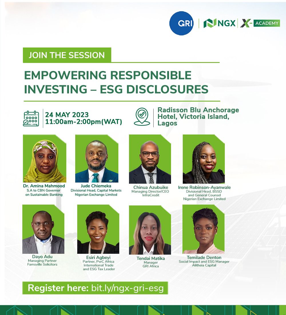 ngxgrp's tweet photo. Join us today for an Investor Engagement Session as NGX-GRI hosts a hybrid session themed "Empowering Responsible Investing- ESG Disclosure".

Time: 11:00am - 2:00pm

Register to attend here: https://t.co/DC33C4ryQ4

#NGX #ESGDisclosure #GRI https://t.co/eCQKZDJFY8