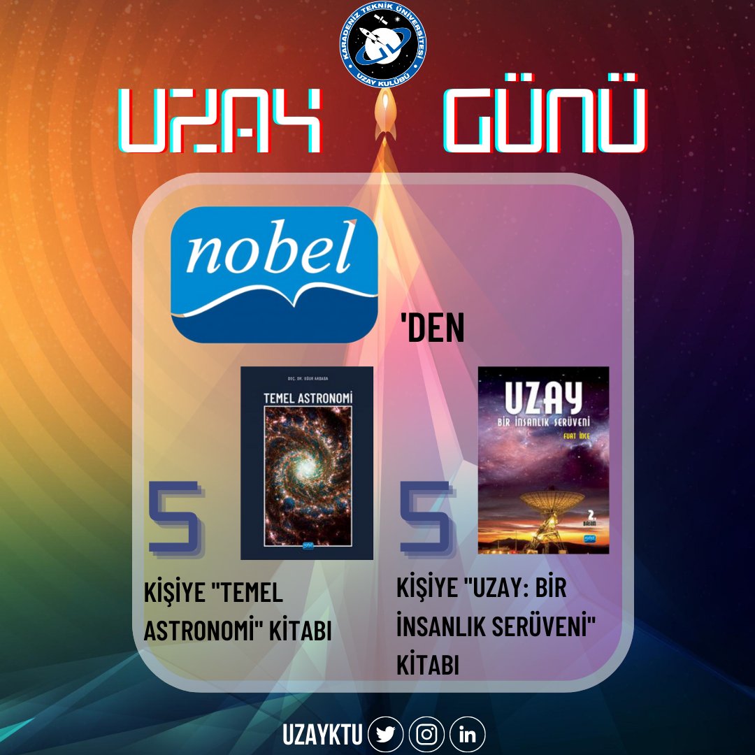 uzayktu's tweet photo. 🛸UZAY GÜNÜ | 25 Mayıs Perşembe 10:00 - 17:00 arasında gerçekleşecek etkinliğimizde @nobelyayin  in şanslı kişilere kitap hediyeleri olacaktır.

🎉 5 kişiye 'Temel Astronomi' Kitabı 
🎉 5 kişiye 'Uzay: Bir İnsanlık Serüveni' Kitabı

https://t.co/hz8kiZw8Cz

#uzaygunu #hediye https://t.co/1qZgWymyrf
