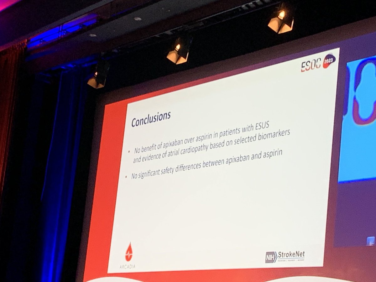 ARCADIA shows no benefit with apixaban compared to aspirin in pts with ESUS and atrial cardiopathy. About 4% rate in both groups, no safety concerns. Where does this leave the ESUS concept? #ESOC2023 ⁦@hoomankamel⁩ ⁦@MitchElkind⁩